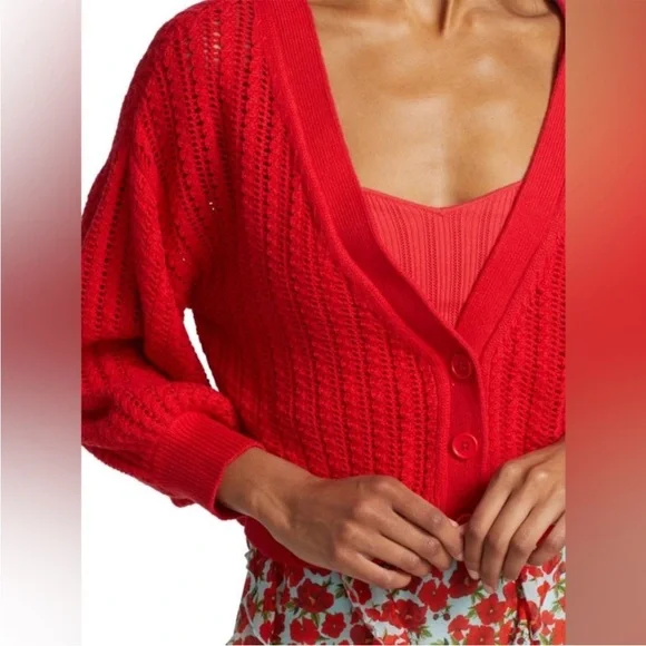 Alice + Olivia Windsor Deep V Slouchy Cable Knit Cardigan in Bright Poppy (red)